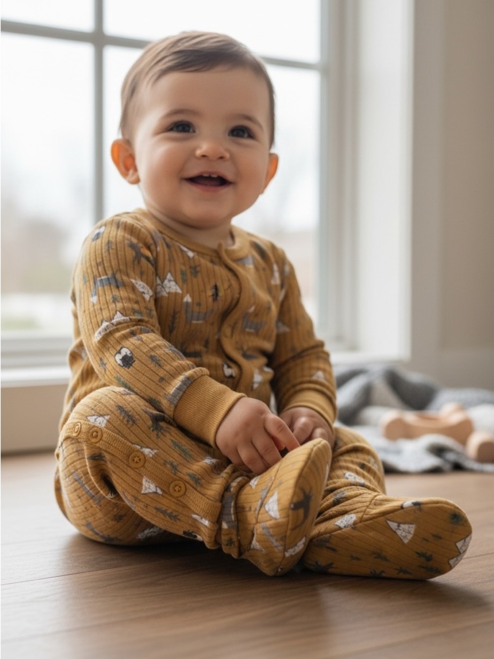 Dapper Dude Ribbed One-Piece Footed Pajamas in Mustard with Woodland Print